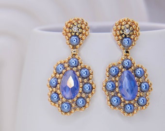 Perlenohrringe, Edelstahl Ohrstecker in Blau, Gold, Unikat, elegante Ohrringe, Statement Ohrringe, Brautschmuck, Brickstitch