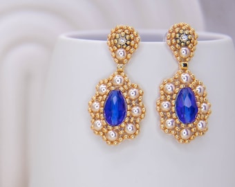 Perlenohrringe, Edelstahl Ohrstecker in Blau, Gold, Unikat, elegante Ohrringe, Statement Ohrringe, Brautschmuck, Brickstitch