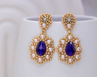 Pendientes de perlas, aretes de acero inoxidable en azul, oro, pendientes únicos y elegantes, pendientes de declaración, joyería nupcial, puntada de ladrillo