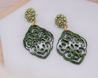 Pendientes de perlas, aretes de acero inoxidable en oro, verde, pendientes únicos y elegantes, pendientes de declaración, colgante de adorno