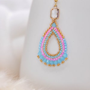 Handgemachte Perlenohrringe in Blau, Gold, Pink, Unikat, elegante Ohrringe, Statement Ohrringe, Boho Ohrringe,Brickstitch,Sommer Ohrringe zdjęcie 4