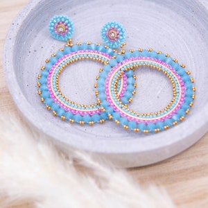 Handmade pearl earrings in blue, gold, pink, unique, elegant earrings, statement earrings, boho earrings, brickstitch, summer earrings image 2