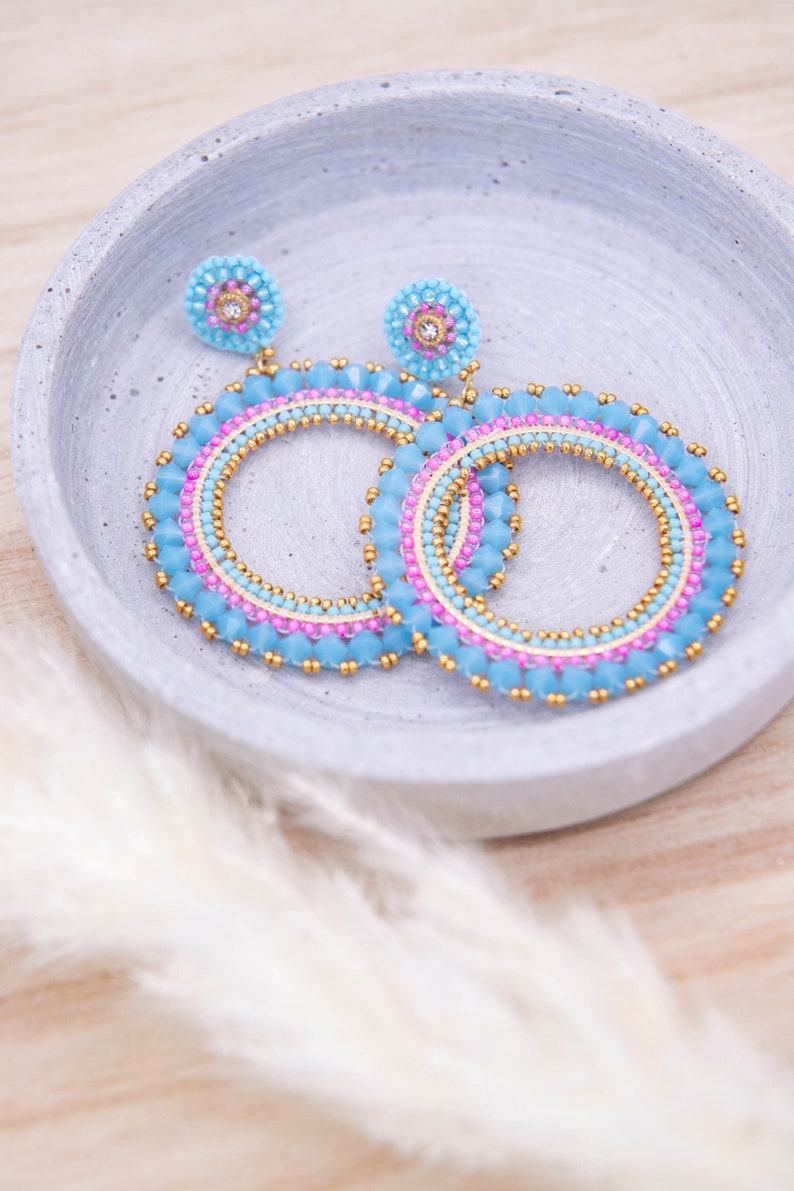 Handmade pearl earrings in blue, gold, pink, unique, elegant earrings, statement earrings, boho earrings, brickstitch, summer earrings image 2