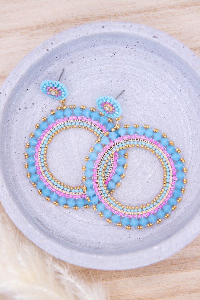 Handmade pearl earrings in blue, gold, pink, unique, elegant earrings, statement earrings, boho earrings, brickstitch, summer earrings image 5