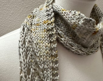 Handmade knitted scarf in luxe merino wool in grey with gold and white flecks. Squishy soft & warm yet very light. FREE Shipping in the US.