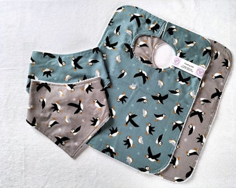 Puffin Baby Bib, Baby Dribble Bib, puffin baby gift, feeding bib, weaning bib, baby gift set