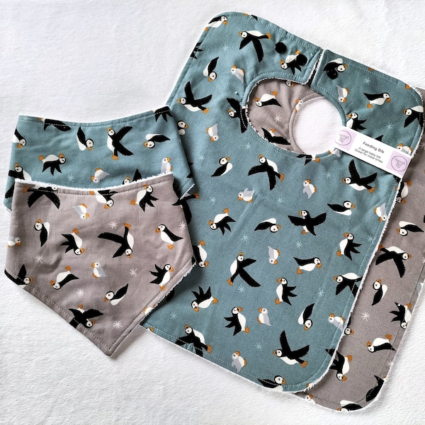 Puffin Baby Bib, Baby Dribble Bib, puffin baby gift, feeding bib, weaning bib, baby gift set