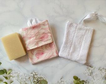 Zero waste soap pouch, scrap bamboo soap saver, cotton soap holder, bamboo soap bag, pink soap pouch, blue soap pouch