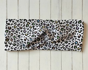 Twist headband, leopard print knot headband, Jersey headband, rainbow leopard print hairband, knot stretch hairband