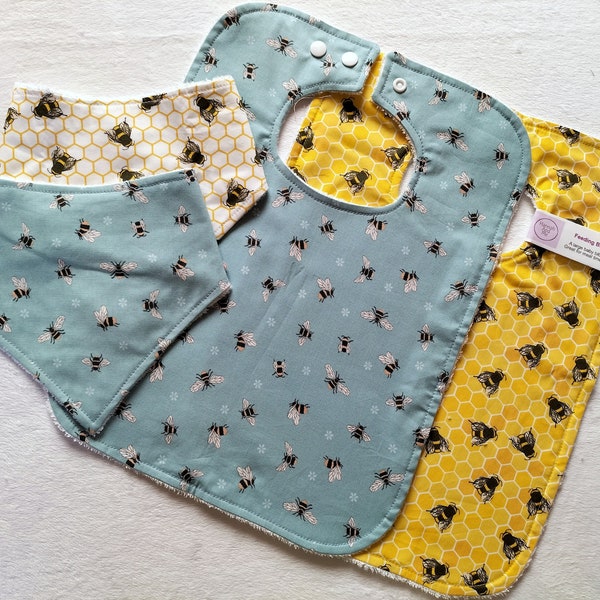 Honey bee baby bib, bee feeding bib, honeycomb dribble bib, bee baby gift