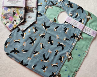 Puffin Baby Bib: Cotton Dribble or Feeding Bib, Adjustable Snaps, puffin bird baby gift