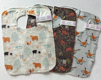 Highland Cow feeding bib, Scottish baby bib, baby shower gift, farmyard baby bib, pheasant baby bib