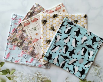 Fancy Face cloths, Reusable baby wipes, bamboo baby wipes, flannel, large eco friendly wipes, penguins, bees, toucans, chickens, flamingos