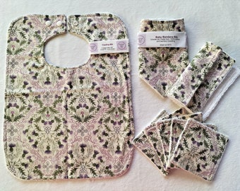 Scottish baby gift, thistle baby gift set, thistle baby bib, feeding bib, reusable baby wipes