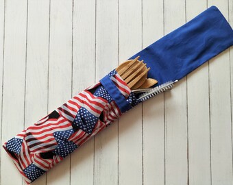 Travel cutlery pouch, on the go cutlery holder, American flag cutlery pouch, eco friendly gift, 4th of July gift