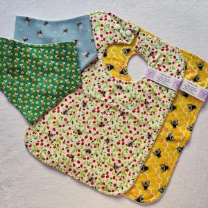 Baby Bib Set, Handmade Feeding Bibs, Bee & Strawberry Prints, Mealtime Bibs, Made in Scotland