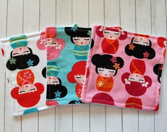 Kokeshi Puppengesichtstücher, wiederverwendbare Bambustücher, Hello Japan Baumwollflanell