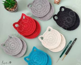 Gehaakte kattenonderzetter, handgemaakte kattenkopmat, cadeau kattenliefhebber