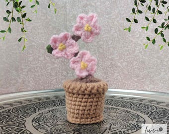 May include: A crocheted potted plant featuring three light pink flowers with yellow centers, attached to a brown stem, and housed in a textured tan crocheted pot. The text "five crochet" is visible in the bottom right corner of the image.