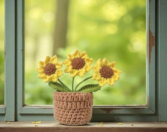 Crochet Sunflower Trio in Pot, Handmade Amigurumi Flower Arrangement, Nature Lovers Home Decor