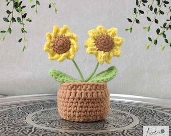 Two-Flower Crochet Sunflower Pot, Handmade Floral Decor, Plant Lovers Desk Ornament