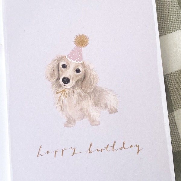 Cream Dachshund Birthday Card Miniature Dachshund Greeting Card Long Haired Sausage Dog Birthday Card