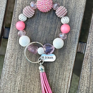 Stretch wristlet/bangle/key ring keychain in pink and white