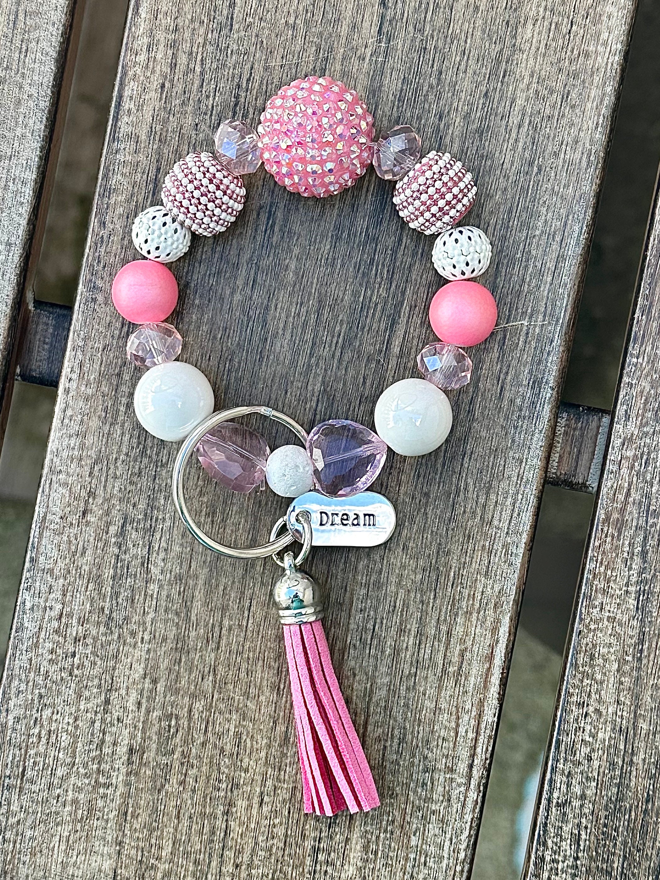 Stretch Wristlet/bangle/key Ring Keychain in Pink and White - Etsy
