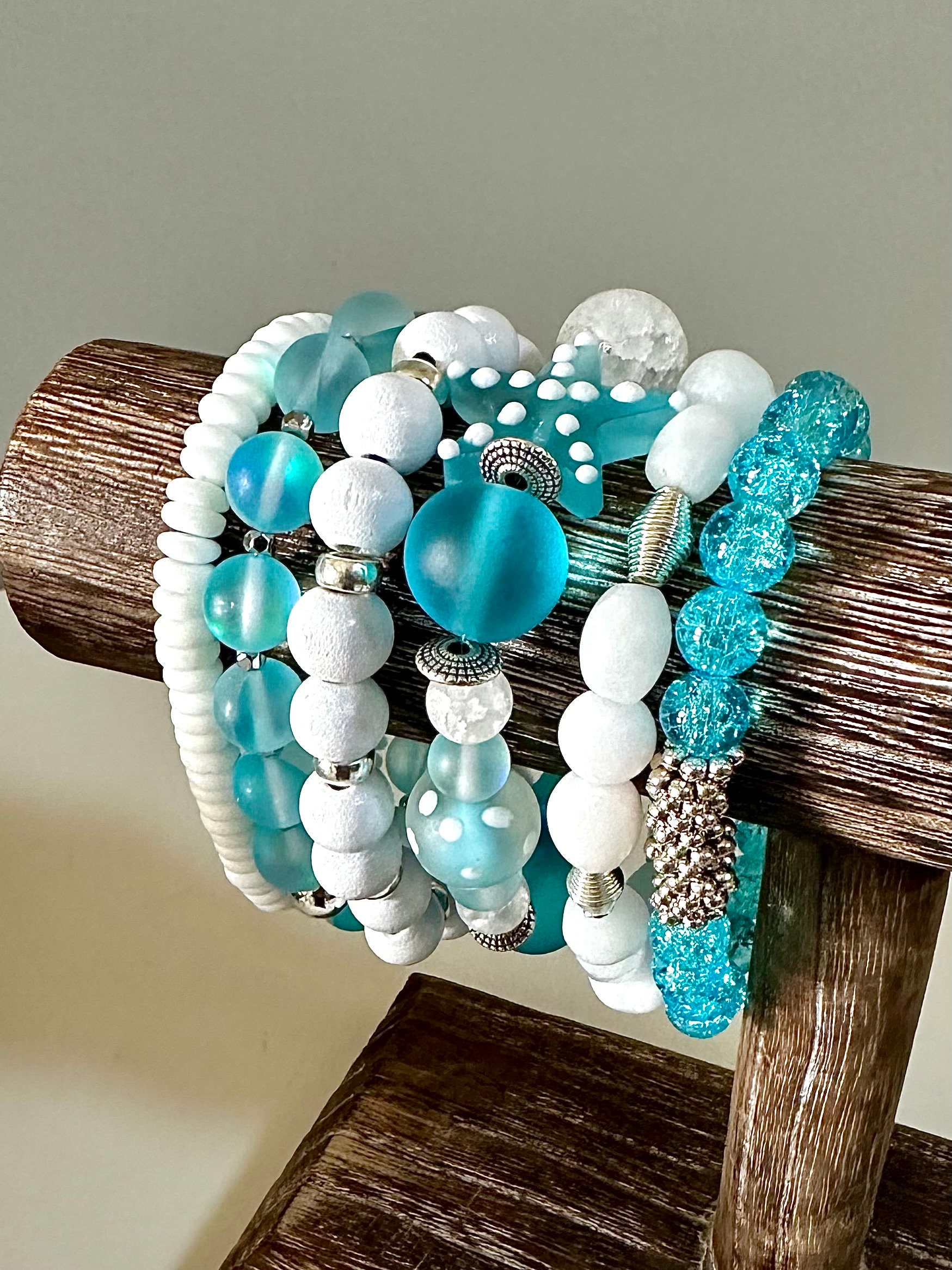 Amazonite and Quartz Stretch Bracelet, Beachy Vibe with  Alquimia Turquoise and Silver Beaded Stretch Bracelet display picture 1