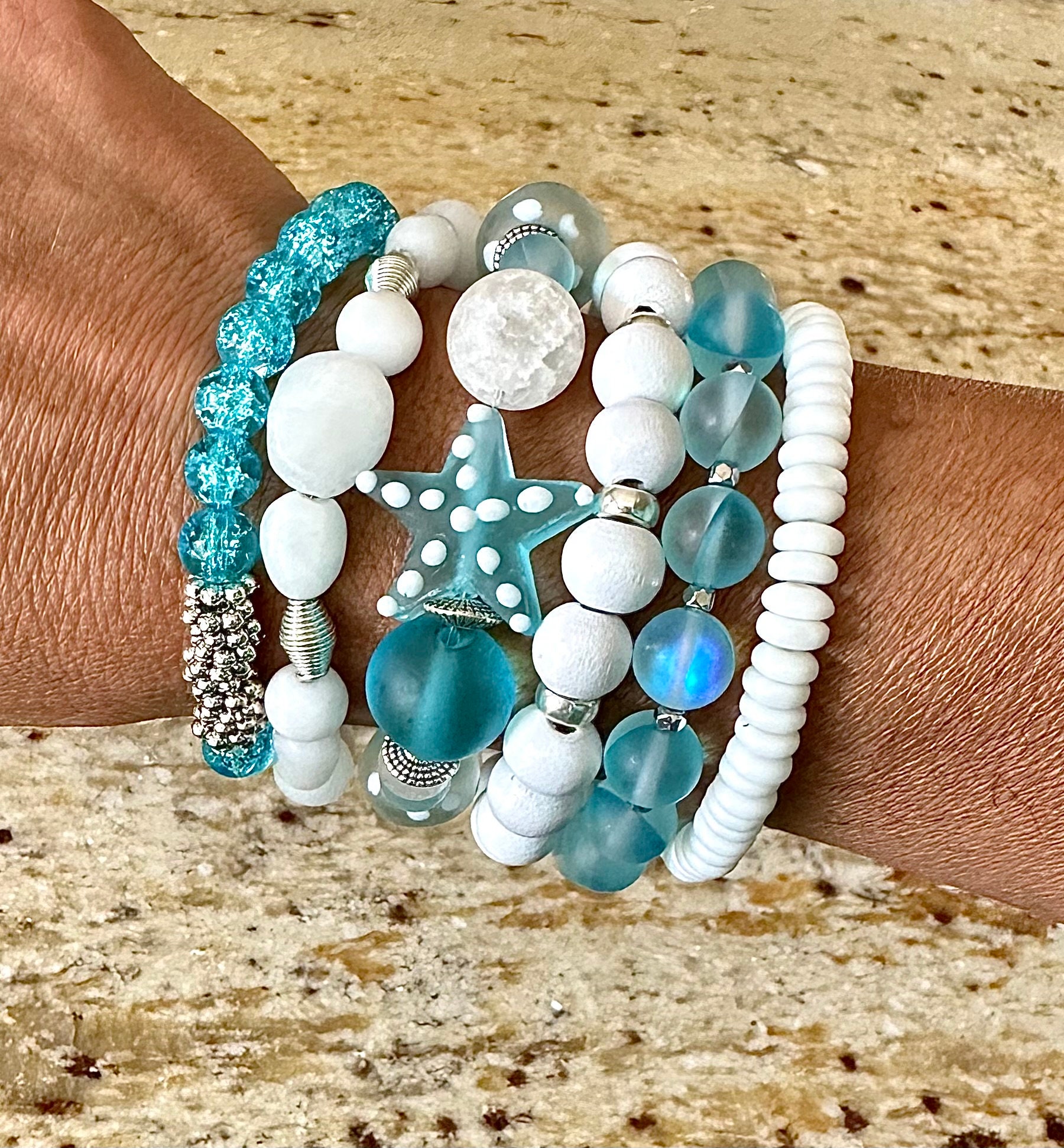 Stackable Beaded Multilayered Stretch Bracelet in Turquoise 