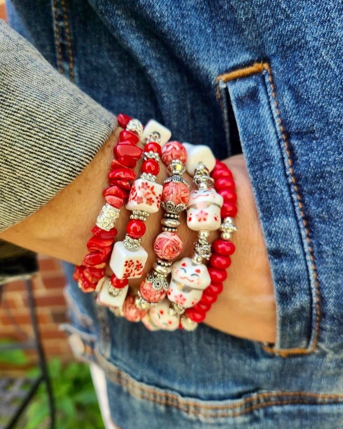 Five Strand Beaded Multi Layered Stretch Bracelets in Red and White. - Etsy