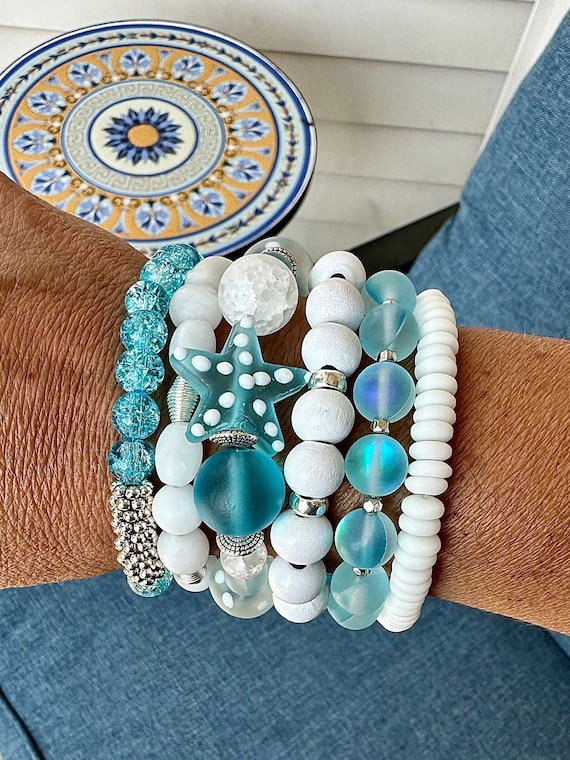 ALRNBY Women's Cross Bracelet Set - Stackable Beaded Bracelets With Pearl & Turquoise - View #4