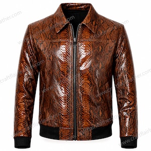 Men's Brown Python Embossed Leather Bomber Jacket | Snakeskin Texture Zip Jacket | Luxury Genuine Leather Coat