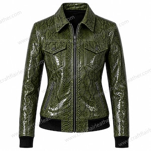 Women's Olive Green Python Embossed Leather Bomber Jacket | Real Leather Snake Print Zip Jacket | Luxury biker coat