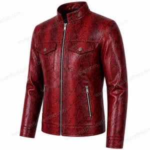 Men's Red Python Print Leather Jacket | Real Leather Snake Embossed Racer Jacket | Stand Collar Flap Pocket Coat