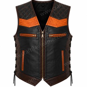 Men's Motorcycle Club Leather Vest | Cowhide Leather Biker Vest | Side Lace Riding Vest | Quilted MC Vest | Black Brown Leather | XS-3XL