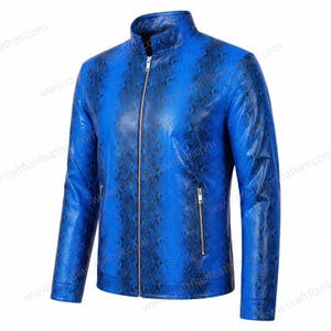 Men's Royal Blue Python Print Leather Jacket | Real Leather Snake Embossed Racer Jacket | Stand collar zip front coat