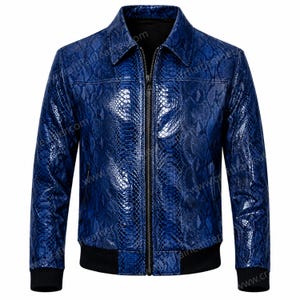 May include: A vibrant blue jacket featuring a textured snakeskin pattern throughout. The garment includes a classic collar, a full-length central zipper, and black ribbed cuffs and hem. The surface has a glossy finish with dark blue accents.