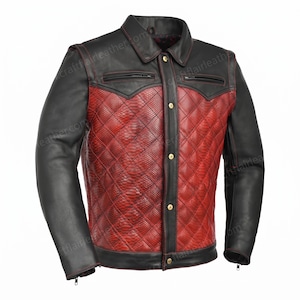 Men's Black Leather Jacket | Red Python Print Quilted Panel | Western Yoke Snap Front Real Leather Jacket | Biker style coat
