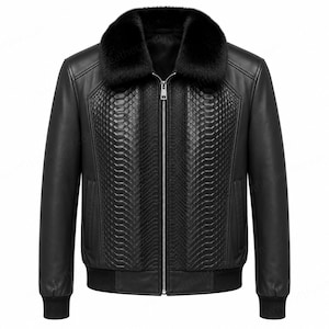 May include: A black leather jacket featuring a plush black fur collar, a central silver zipper, and textured panels with a snakeskin-like pattern on the front. The jacket includes long sleeves with ribbed cuffs and a ribbed hem at the waist.
