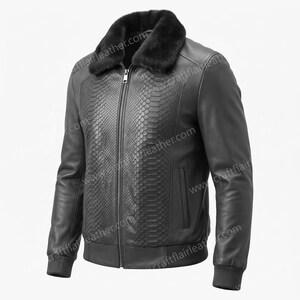 Black Python Print Leather Jacket Men | Fur Collar Bomber Coat | Real Leather Zip Front Jacket