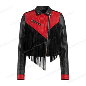Women's Cropped Biker Jacket, Red Snakeskin Print Leather, Black Fringe, Asymmetric Zip, Silver Studded