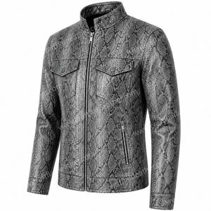 Real Leather Jacket for Men, Gray Python Embossed with Flap Chest Pockets, Stand Collar, Button Cuffs