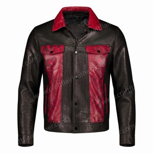 Men's Black Leather Trucker Jacket | Red Python Print Panels | Crocodile Embossed Genuine Leather Jacket | Snap Button Biker Coat | Handmade