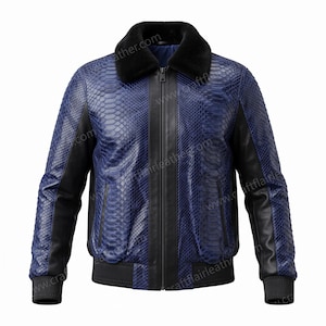 Cowhide/Lambskin Leather Bomber Jacket for Men| Blue Python Embossed Leather| Fur Collar Real Leather Snake Print Coat Custom Size Available