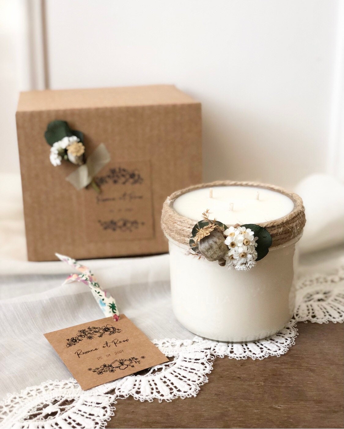 Bougie Fleurie à Personnaliser, Bougie Parfumée, Fleurs Séchées, Personnalisation, Champêtre, Événem