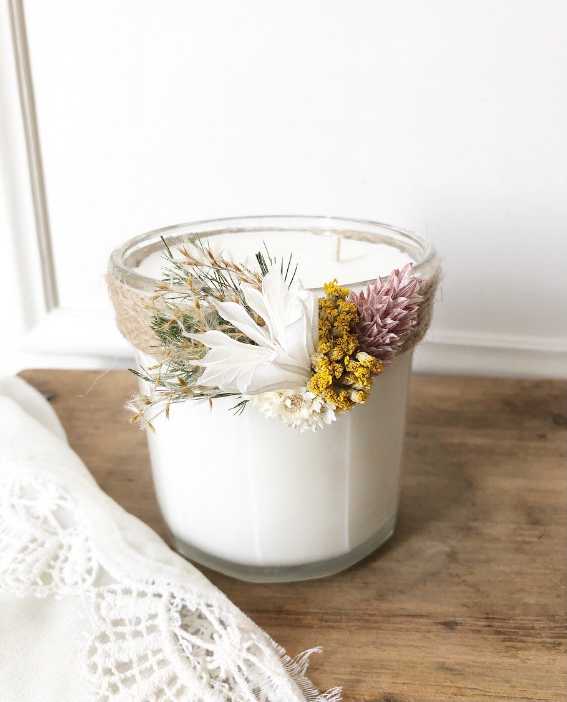 Bougie Fleurie Parfumée Naturelle, Fabrication Artisanale, Fleurs Séchées, Cire de Végétal, Bocaux C