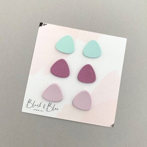 Stud 3 pack, triangle, pastels, polymer clay and sterling silver, rounded corners, handmade