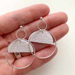 The Ella in white or turquoise, half circle and rings, large hoop, polymer clay and sterling silver, handmade