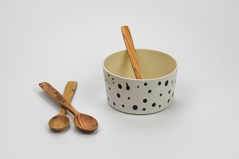 Handmade breakfast bowl & wooden spoon set, Cereal bowl, Kids bowl, Contemporary bowl, Christmas, Birthday gift, Soup bowl, Foodie gift Gloss dalmatian